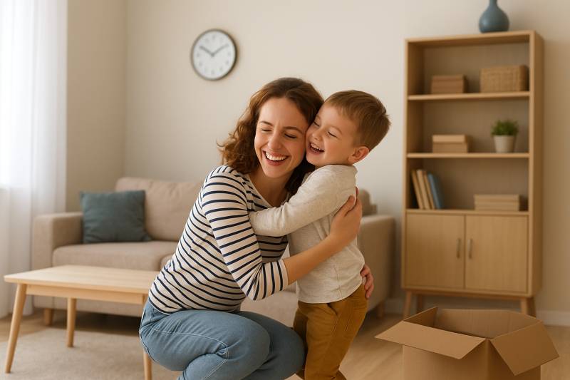 Eine Frau mit einem Kind in den Armen in einer Einzimmerwohnung mit einem Holzboden.