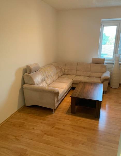 Wohnzimmer mit einem bequemen Sofa und einem Tisch auf einem Boden mit Holzdekor.