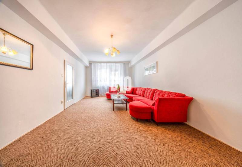 Wohnzimmer mit heller Wand, rotem Sofa und Teppich in einer 4-Zimmer-Wohnung.