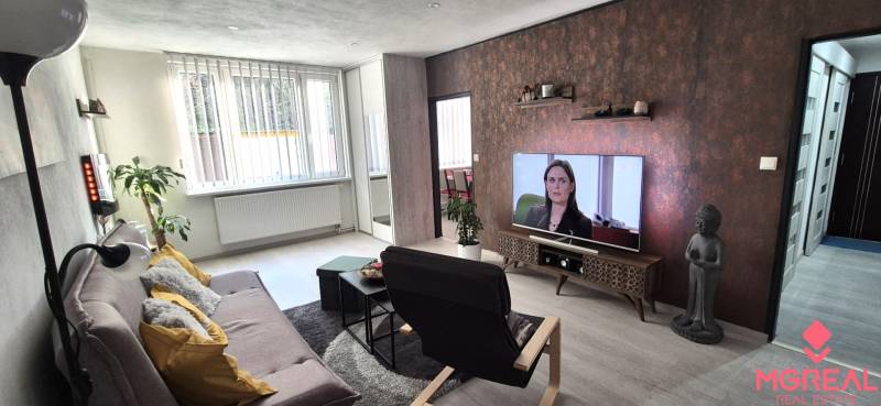 Wohnzimmer in einer Zweizimmerwohnung mit Sofa und Fernseher, Boden mit Holzdekor.