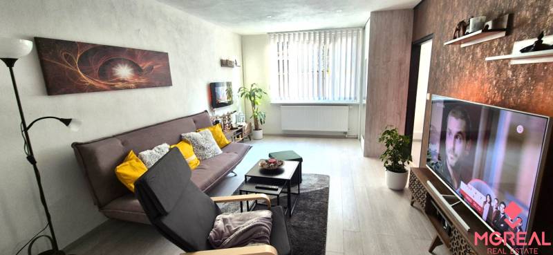 Wohnzimmer in einer 2-Zimmer-Wohnung mit Sofa, Sessel und Holzboden.