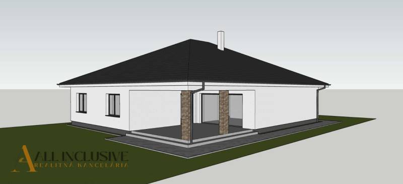 Vizualisierung eines Einfamilienhauses in Bajč mit dunklem Dach und Terrasse.