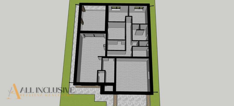 Grundriss eines Einfamilienhauses in Bajča mit der Anordnung der Räume und zwei Fenstern.