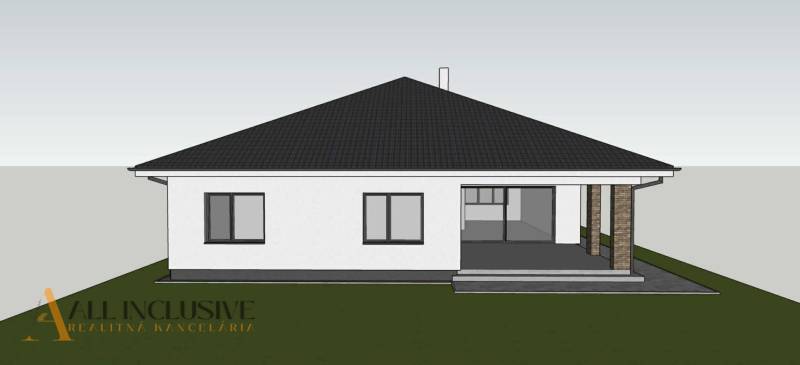 Ein Einfamilienhaus in Bajč mit weißer Fassade und einem gegliederten Dach.