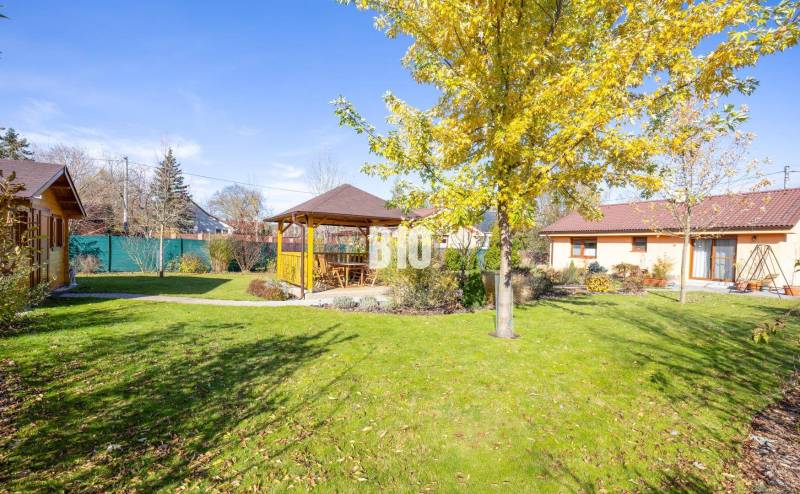 Ein Einfamilienhaus in Bílkove Humence mit Pavillon, Rasen und einem Herbstgarten.