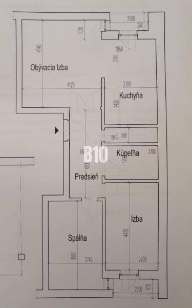 Grundriss einer 3-Zimmer-Wohnung: Wohnzimmer, Küche, Badezimmer, Flur, Zimmer, Schlafzimmer.