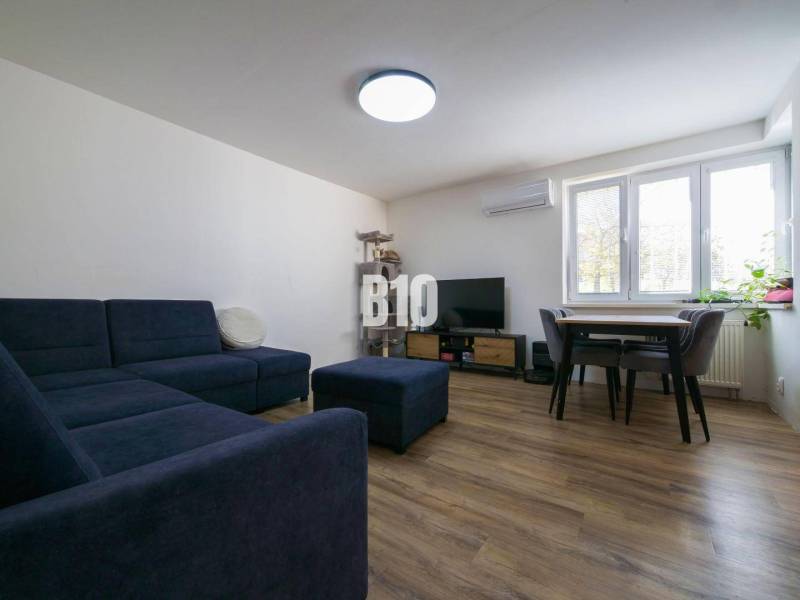 Wohnzimmer in einer 3-Zimmer-Wohnung mit Sofa, Fernseher und Holzboden.