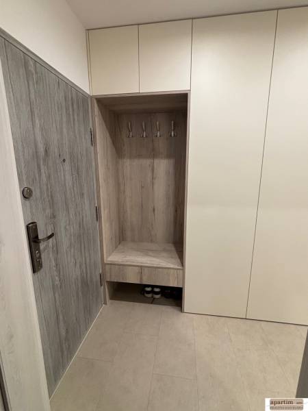 Eingangsflur mit Schränken und Kleiderhaken in einer 2-Zimmer-Wohnung, Holzimitation auf den Türen.