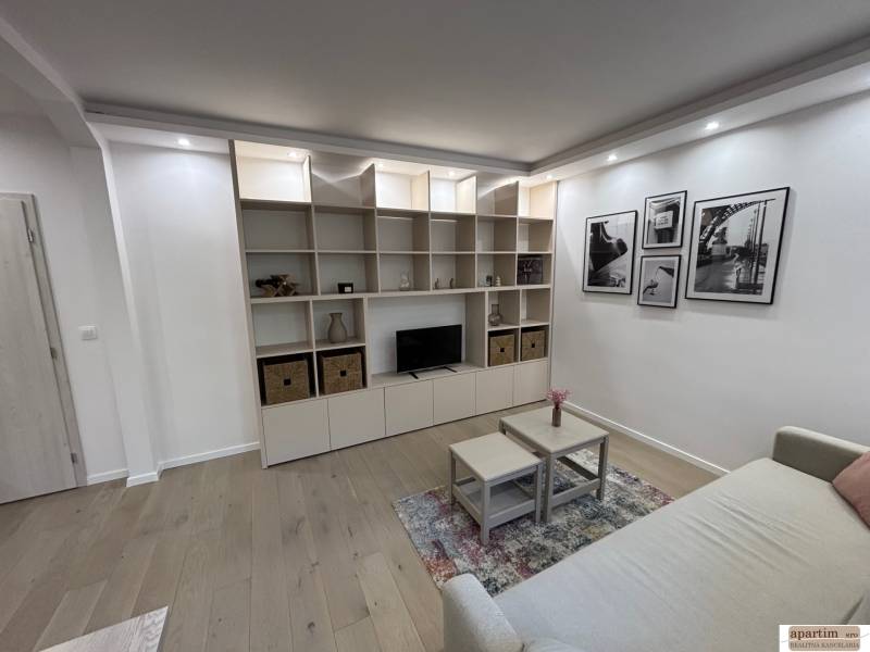 Wohnzimmer in einer Zweizimmerwohnung mit Sofa, Regal und Boden in Holzoptik.