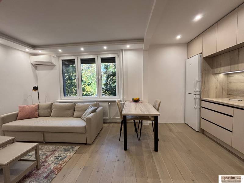 Wohnzimmer mit Sofa, Esstisch und Küche in einer 2-Zimmer-Wohnung.