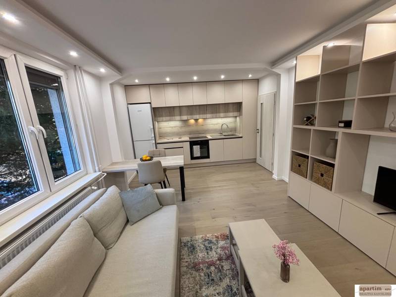 Wohnzimmer mit Küche und Holzboden in einer 2-Zimmer-Wohnung.