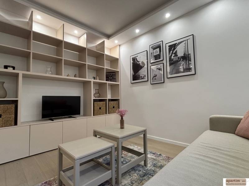 Obývačka v 2-izbovom byte so vstavanou policovou stenou, dekoráciami a gaučom.