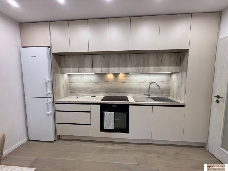 Küchenzeile mit Holzdekor und eingebauten Geräten in einer 2-Zimmer-Wohnung.