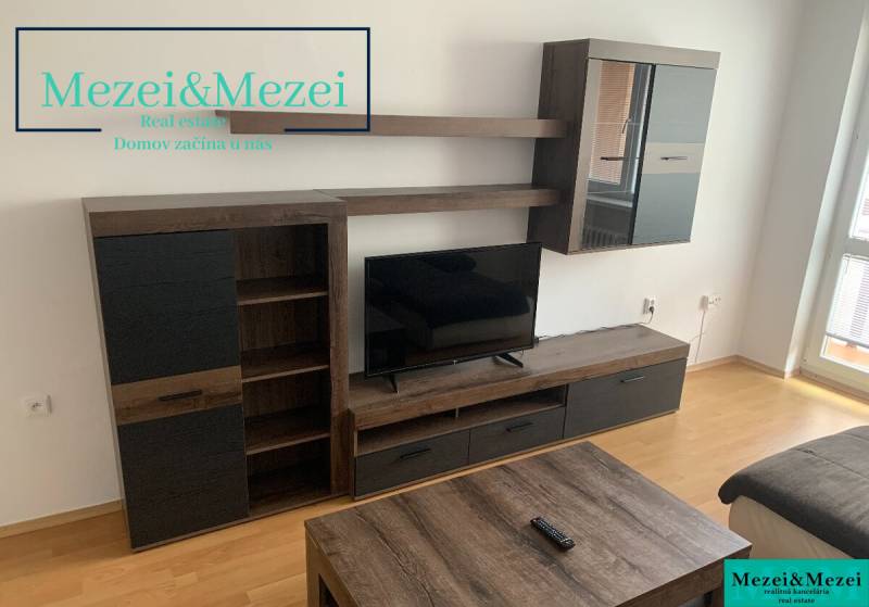 Wohnzimmer mit Möbeln und Fernseher, Holzboden in einer Zweizimmerwohnung.