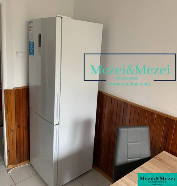 Küche in einer 2-Zimmer-Wohnung, Kühlschrank, Holzverkleidung, grauer Stuhl, Esstisch.