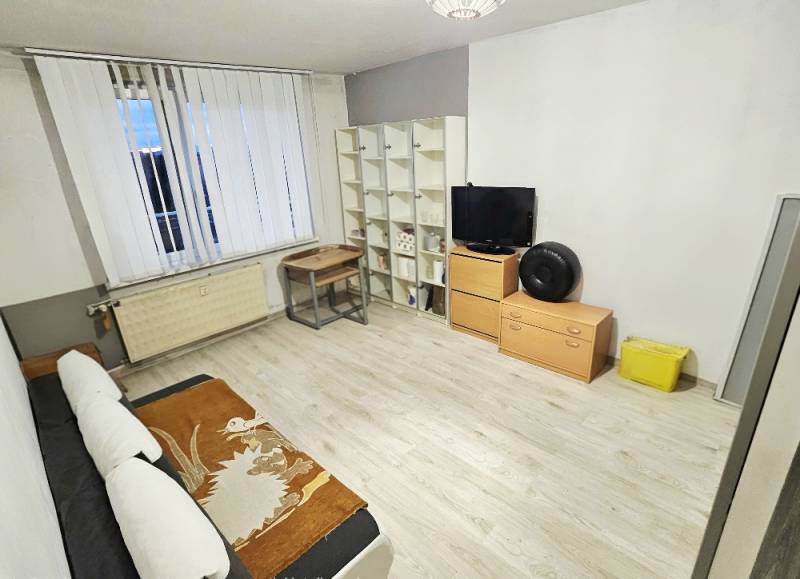 Gemütliches Wohnzimmer in einer 2-Zimmer-Wohnung mit Holzboden und Möbeln.