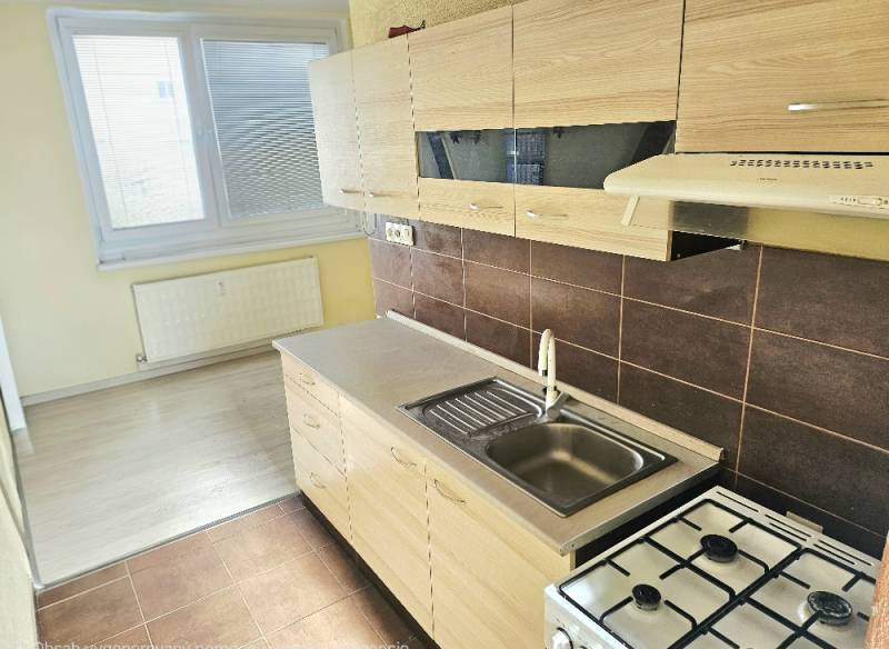 Küche in einer 2-Zimmer-Wohnung mit weißen Schränken und einem Boden in Holzoptik.