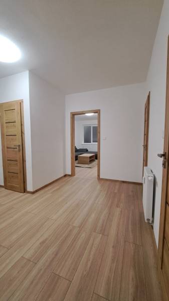 Flur in einer 2-Zimmer-Wohnung mit einem Boden in Holzoptik und Holztüren.