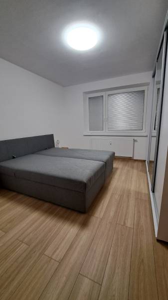 Schlafzimmer in einer 2-Zimmer-Wohnung mit Holzboden und großem Bett.