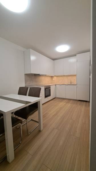 Küche in einer 2-Zimmer-Wohnung mit weißen Schränken und einem Boden in Holzoptik.