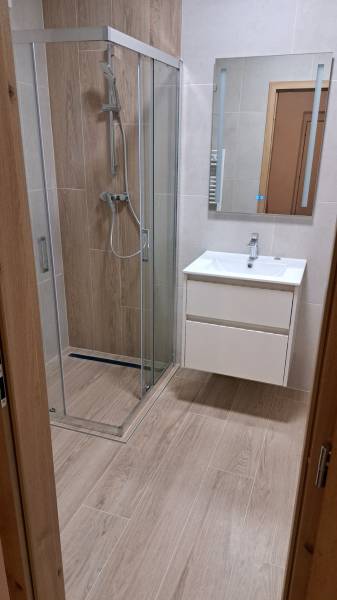 Badezimmer mit Holzboden, Duschkabine und Waschbecken in einer 2-Zimmer-Wohnung.