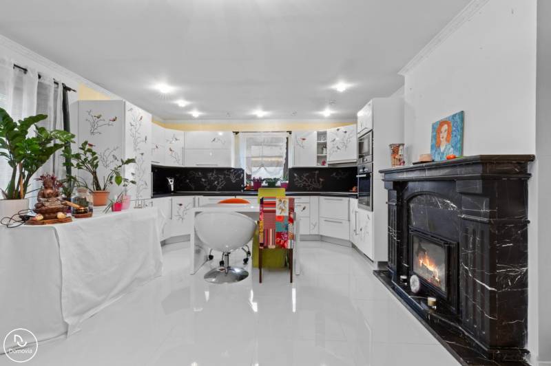 Küche in einem Einfamilienhaus mit Kamin, weißen Schränken und Pflanzen, Boden mit Holzdekor.