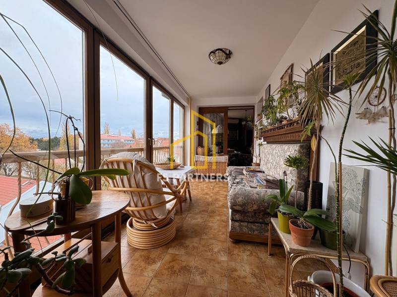 Innenaufnahme eines Wintergartens in einer Wohnung mit 5 oder mehr Zimmern mit vielen Pflanzen.