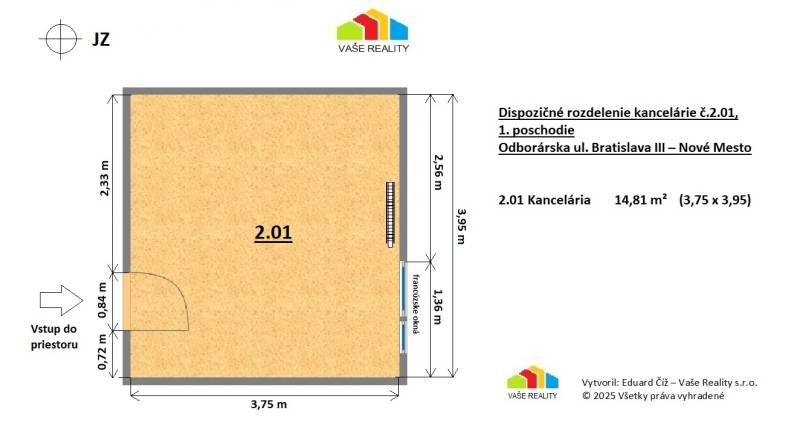 Grundriss des Büros Nr. 2.01 in der Odborárska-Straße, Bratislava - Nové Mesto, mit einer Fläche von 14,81 m².