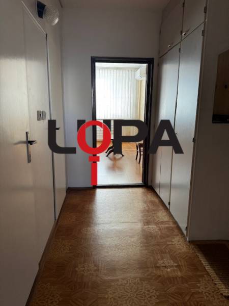 Der Flur in einer 3-Zimmer-Wohnung mit einem Boden in Holzoptik führt in einen hellen Raum.