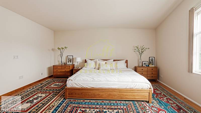 Schlafzimmer in einem Einfamilienhaus mit Bett, Nachttischen und einem bunten Teppich.