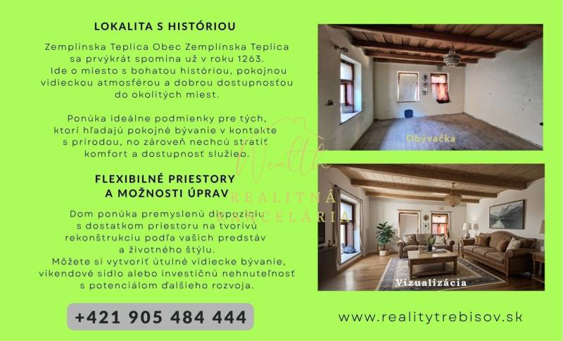 Grundriss eines Einfamilienhauses mit Wohnzimmer und Visualisierung der Einrichtung, Holzdecke.