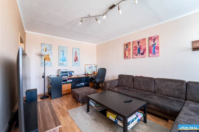 Wohnzimmer in einer 3-Zimmer-Wohnung mit Sofa, Tisch und Boden in Holzoptik.