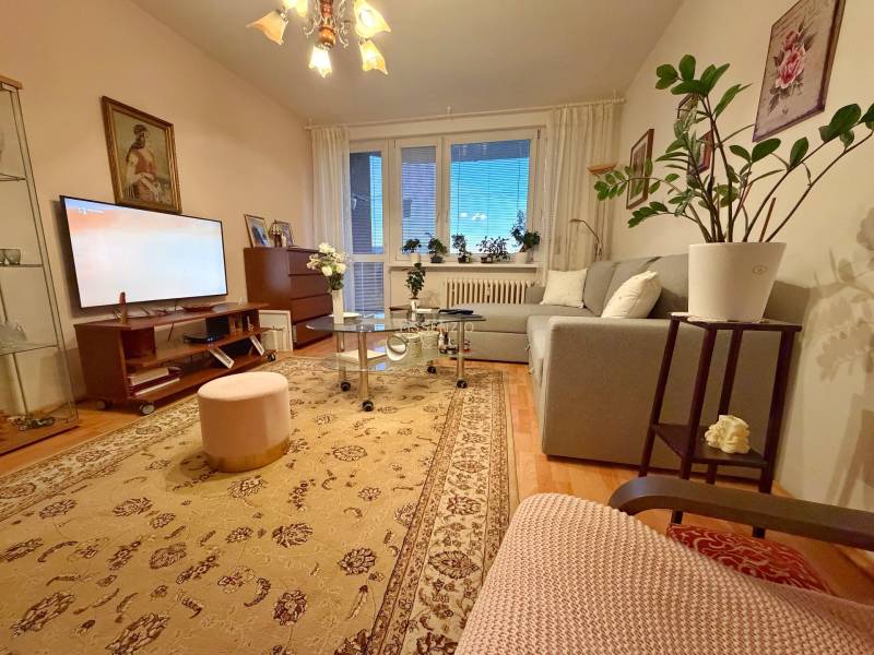 Wohnzimmer in einer 3-Zimmer-Wohnung mit angenehmer Beleuchtung, Holzboden und bequemer Couch.