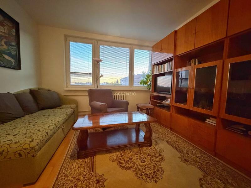 Wohnzimmer mit Sofa, Sessel, Holzmöbeln und Boden mit Holzdekor in einer 3-Zimmer-Wohnung.