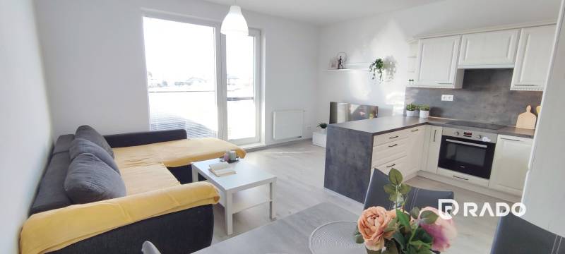 Innenraum einer 2-Zimmer-Wohnung mit Küche, Sofa und Holzboden.