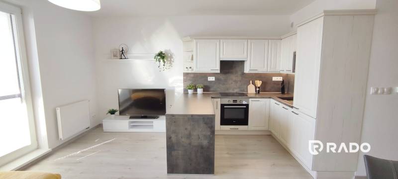 Wohnzimmer mit Küchenzeile, heller Boden mit Holzdekor in einer Zweizimmerwohnung.