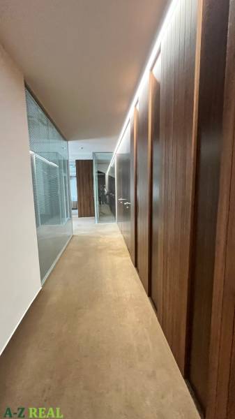 Ein Flur in Büros mit Glaswänden, Boden mit Holzdekor.