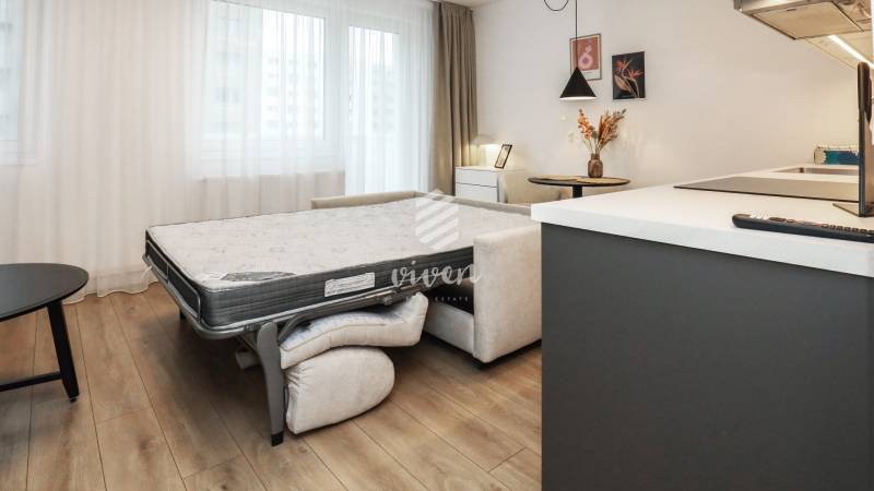 Zimmer mit ausziehbarem Sofa, Holzboden, helle Vorhänge, Einzimmerwohnung.