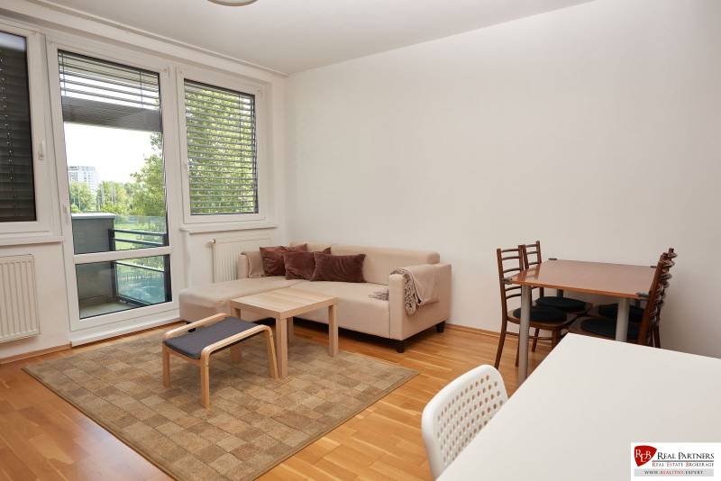 Wohnzimmer mit Sofa, Esstisch und Holzboden in einer Zweizimmerwohnung.