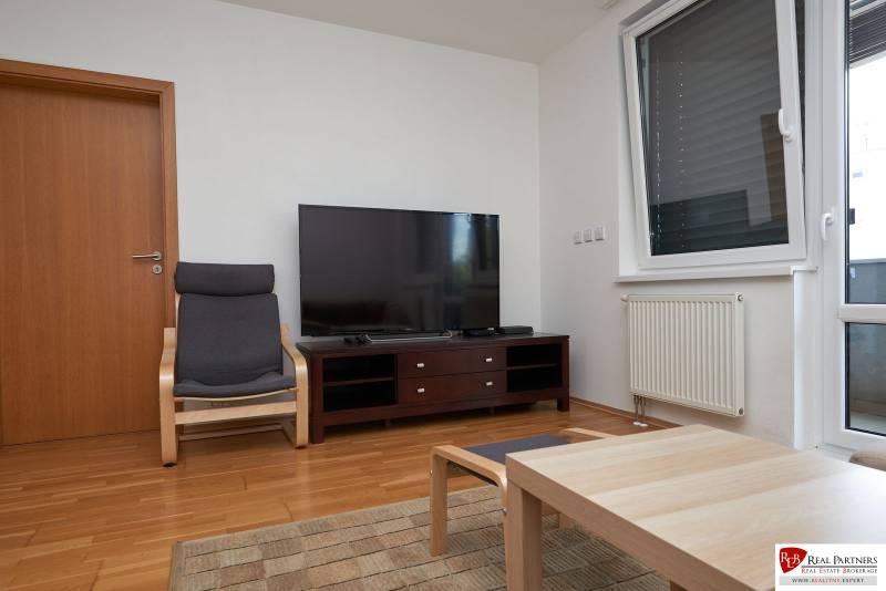 Wohnzimmer in einer Zweizimmerwohnung mit Fernseher, Stuhl und Holzboden.