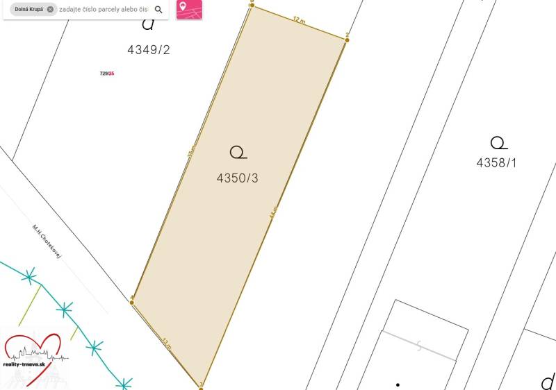 Grundstücksplan in M.H. Chvotekova in Dolná Krupá, bestimmt für Wohnzwecke.