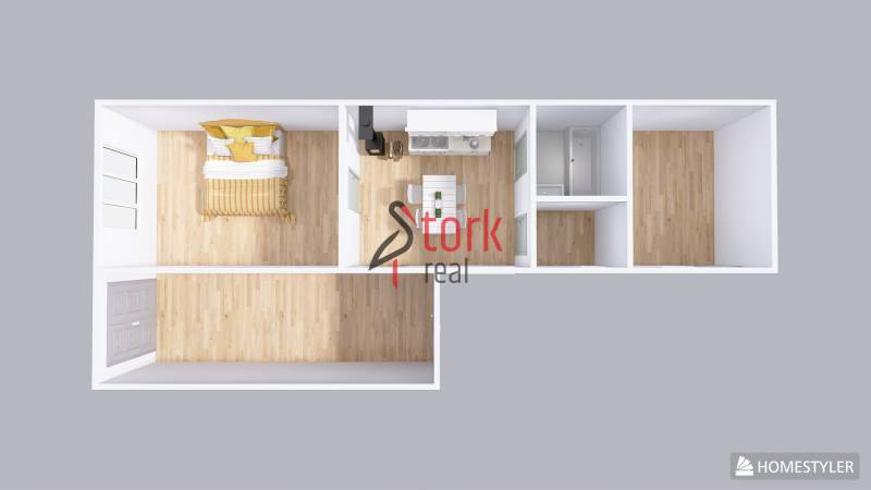 Grundriss eines Einfamilienhauses mit Holzdekorboden, Küche und Schlafzimmer.