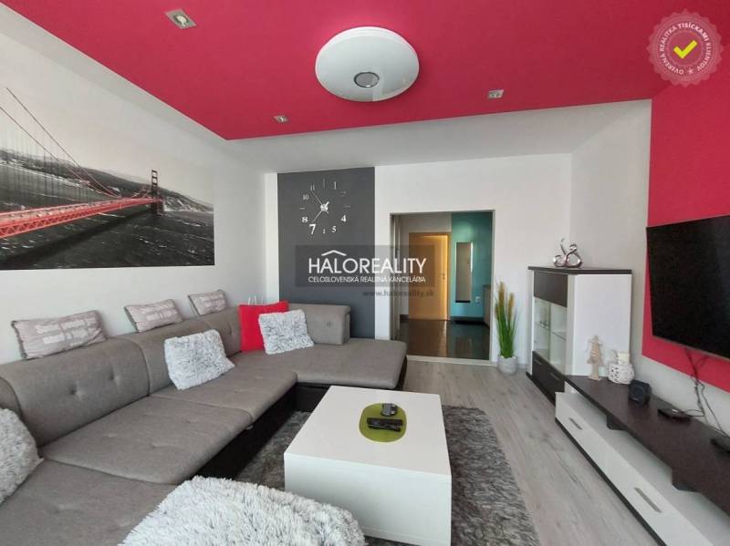 Wohnzimmer in einer 3-Zimmer-Wohnung mit grauem Sofa, roter Decke und modernen Möbeln.