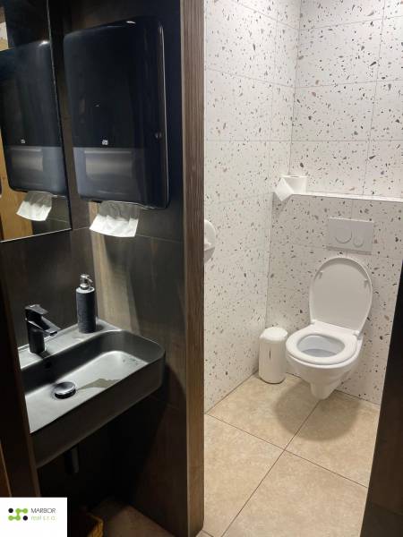 Toilette in Gastronomiebereichen mit Waschbecken, Spiegel und Terrazzo-Fliesen.