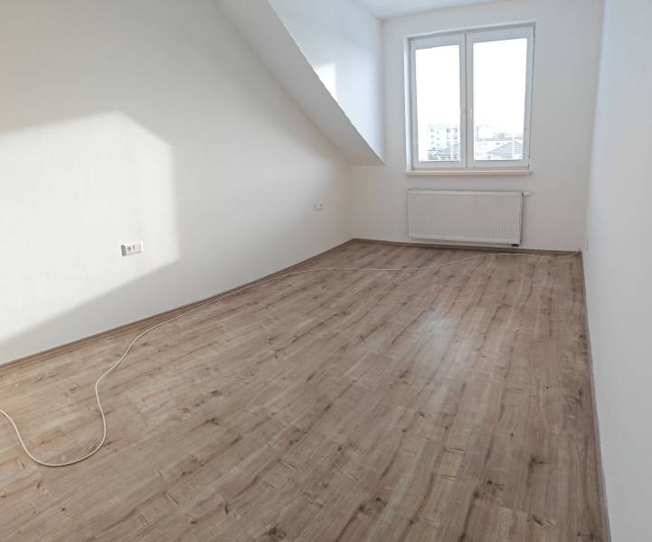 3-Zimmer-Wohnung mit weißen Wänden, Holzboden, großem Fenster und Heizkörper.