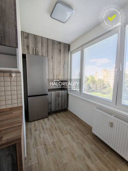 Die Küche in einer 2-Zimmer-Wohnung mit hellem Boden in Holzoptik und großen Fenstern.