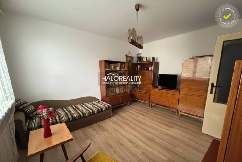 Wohnzimmer in einer 3-Zimmer-Wohnung mit Holzboden, Holzmöbeln, Sofa.