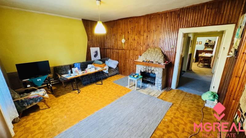 Wohnzimmer in einem Einfamilienhaus mit Kamin und Holzverkleidung an den Wänden.