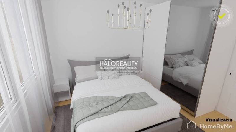 Schlafzimmer in einer 3-Zimmer-Wohnung mit elegantem Bett, weißen Möbeln und Leuchte.