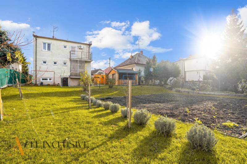 Ein Garten bei einem Einfamilienhaus in Dunajská Streda mit kultivierten Sträuchern und einem Gemüsegarten.